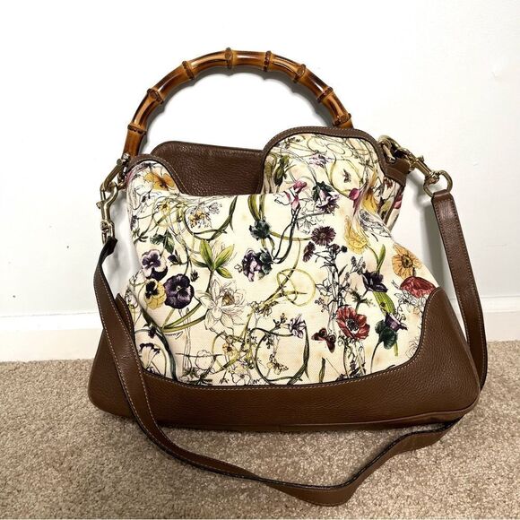 Gucci floral handbag with bamboo handle and shoulder strap - Picture 1 of 12